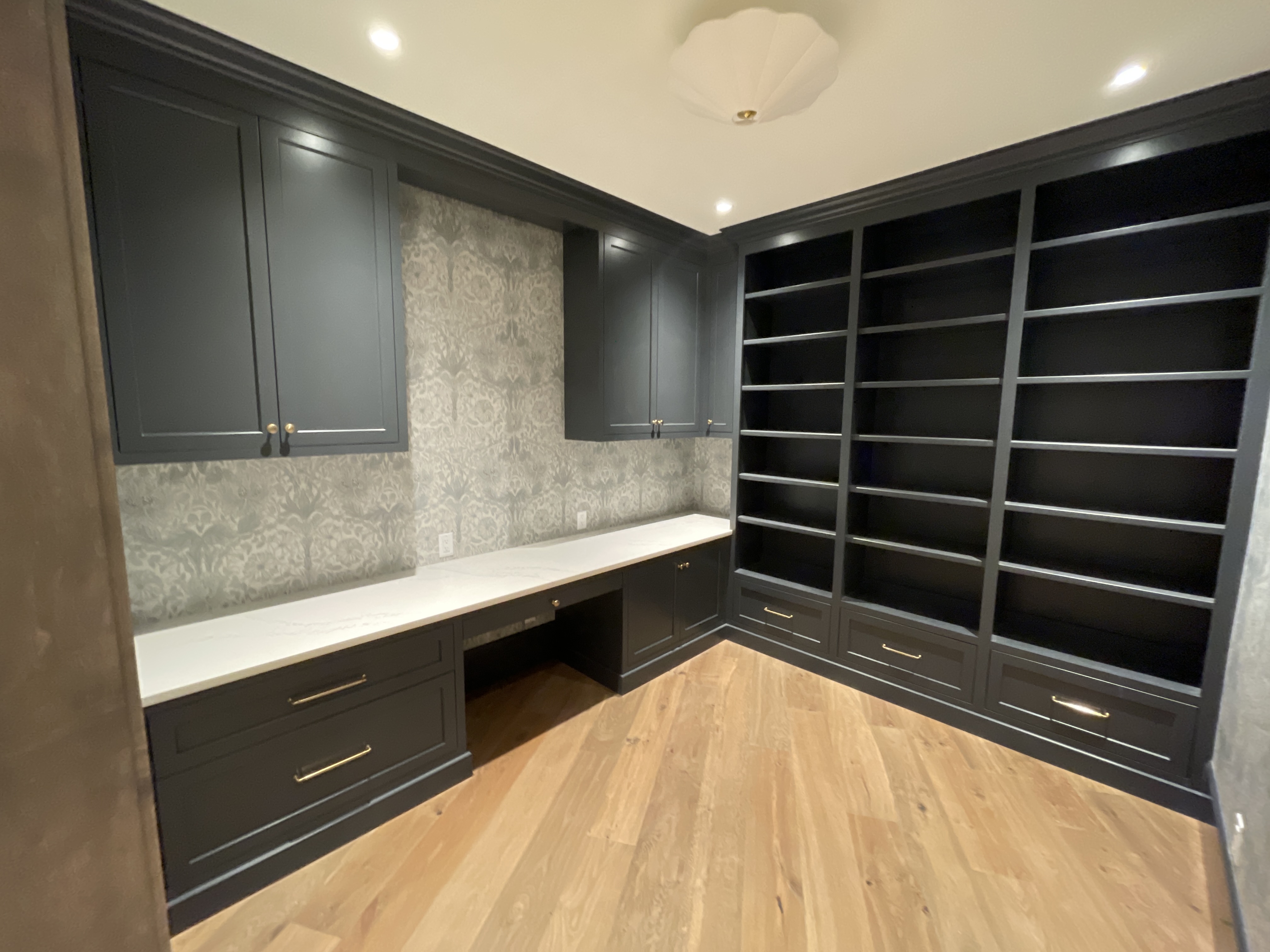 Fred Olivieri Custom Homes Dream Office Custom Office Millwork with Wallpaper