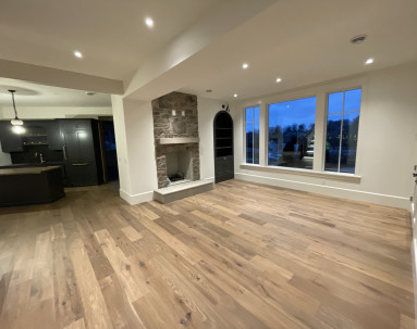 Fred Olivieri Custom Homes Home Builder in North East Ohio in Stark County Basement Living Room Stone Fireplace with Wood Flooring